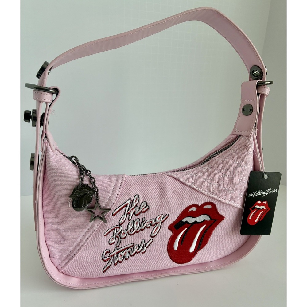 THE ROLLING STONES~Logo Embroidered Zip Small Crescent Shoulder Bag Pink~NWT